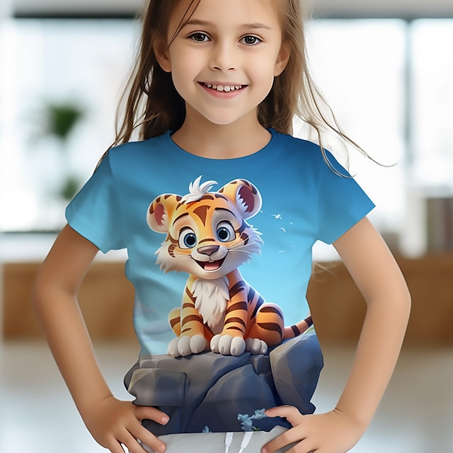  Pige 3D Tiger T-shirt Skjorte Kortærmet 3D-udskrivning Sommer Forår Aktiv Mode Sød Stil Polyester Børn 3-12 år Rund hals udendørs Afslappet Daglig Regulær