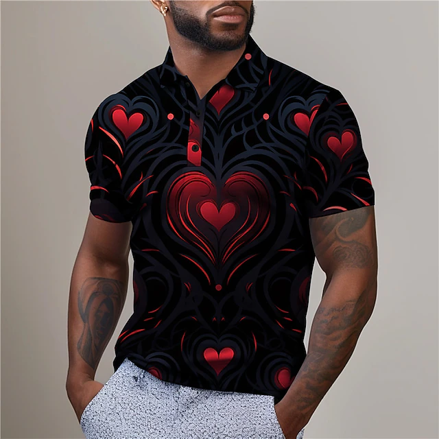Valentine's Day Heart Men's Casual Print 3D Outdoor Daily Wear Streetwear Polyester Short Sleeve Turndown Polo Shirts Red Blue Spring & Summer S M L Micro-elastic2