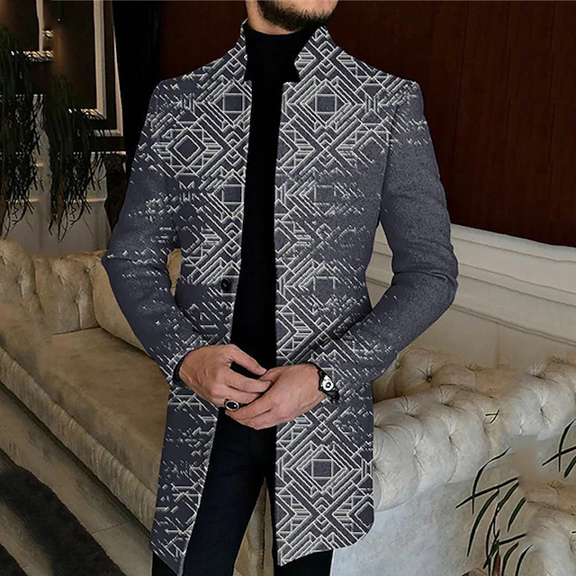 Men's Geometry Winter Coat Overcoat Coat Warm Comfortable Breathable Vintage Business Work Wear to work Going out Buttons Print Fall & Winter Standing Collar Long Sleeve Black Gray3