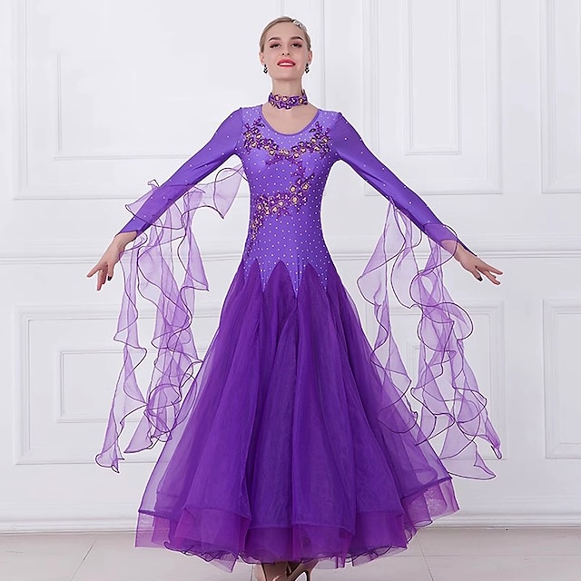  Ballroom Dance Dress Splicing Crystals / Rhinestones Women's Performance Party Long Sleeve Spandex Organza