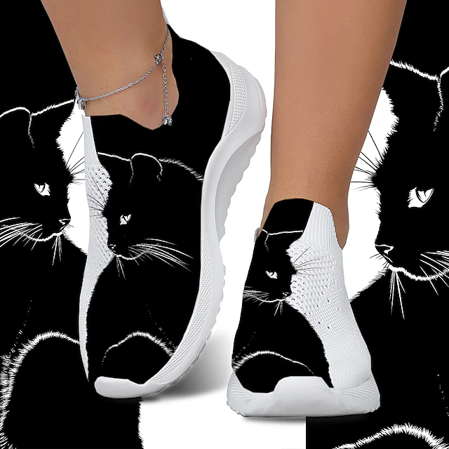 Women's Black Cat Print Slip-On Sneakers – Breathable Knit Walking Shoes for Casual Wear, Travel, and Cat Lovers 6