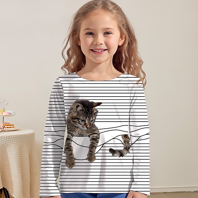 女の子 3D 猫 Ｔシャツ シャツ 長袖 3Dプリント 春 秋 活発的 ファッション かわいいスタイル ポリエステル 子供 3〜12年 クルーネック アウトドア カジュアル 日常 レギュラー