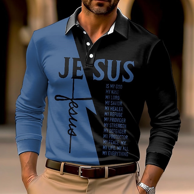  Men's Jesus Christian Polo Shirts Golf Shirt Long Sleeve Polo Shirts Collared Shirts Casual Vacation Wear Party Outfits Buttons 3D Print White Yellow Blue