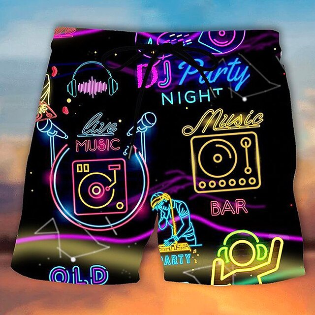 Men's Graffiti Musical Instrument Neon Swimming Trunks Board Shorts Swim Shorts Mid Waist Hawaiian Casual Holiday Beach Drawstring with Mesh lining Elastic Waist Designer Clothing Apparel3