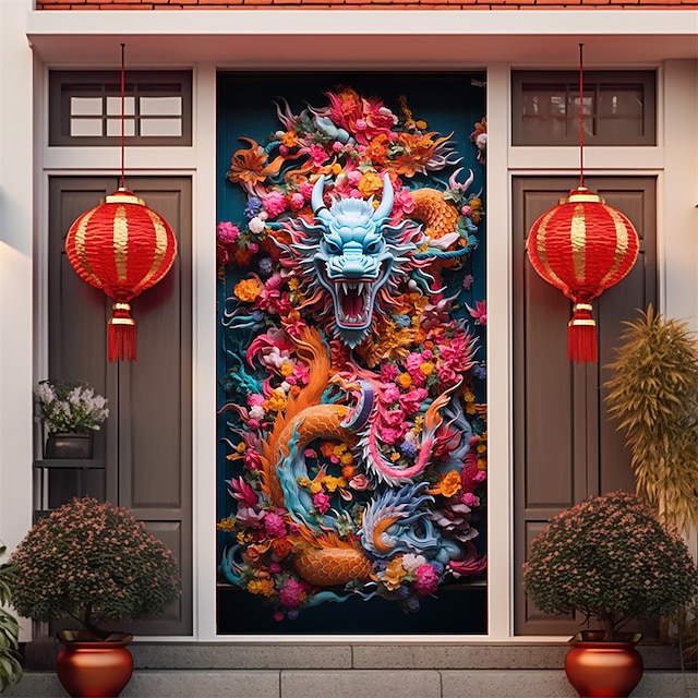  chinois nouvel an dragon porte couvre porte tapisserie porte rideau décoration toile de fond porte bannière pour porte d'entrée ferme vacances fête décor fournitures