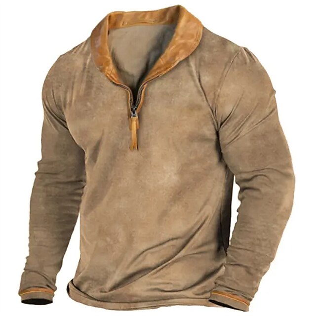 Men's T Shirt Quarter Zip Tee Tee Top Long Sleeve Shirt Long Sleeve Lapel Spring &  Fall Color Block Vintage Designer Basic Patchwork Zipper Vacation Street Going out Khaki Top Tee for Men3