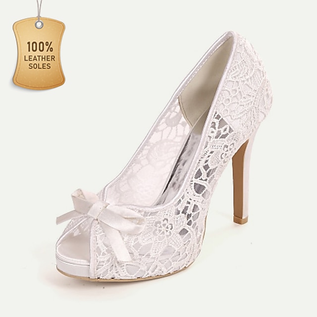  Women's Wedding Shoes Bridal Shoes Bowknot Stiletto Peep Toe Elegant Lace Loafer Black White Ivory
