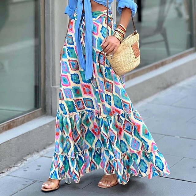  damkjol en linje gunga bohemia maxi hög midja kjolar med blommönster geometriskt rutigt gatesemester sommar casual boho blå