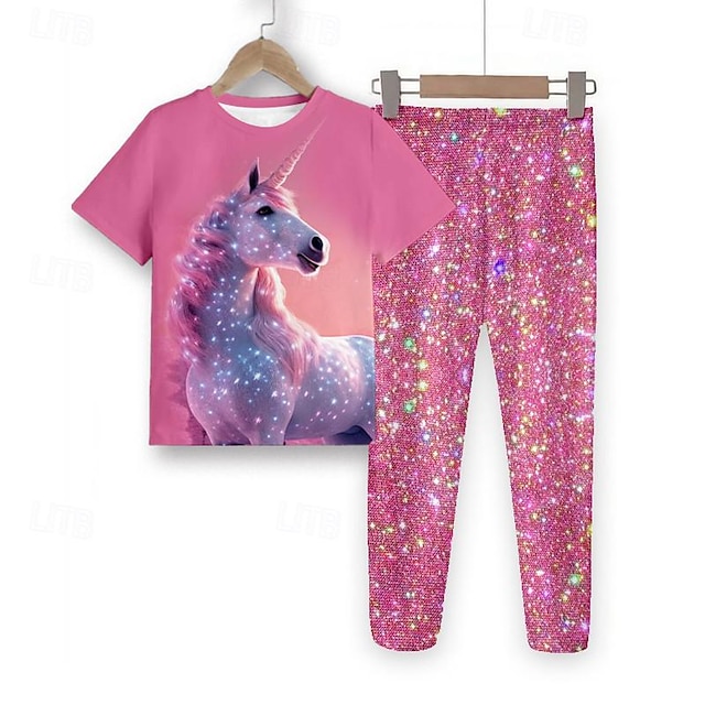  Chica 3D Unicornio Conjunto de pijama de camiseta y pantalones Manga Corta Impresión 3D Verano Primavera Otoño Activo Moda Estilo lindo Poliéster Niños 3-12 años Cuello Barco Hogar Casual Interior