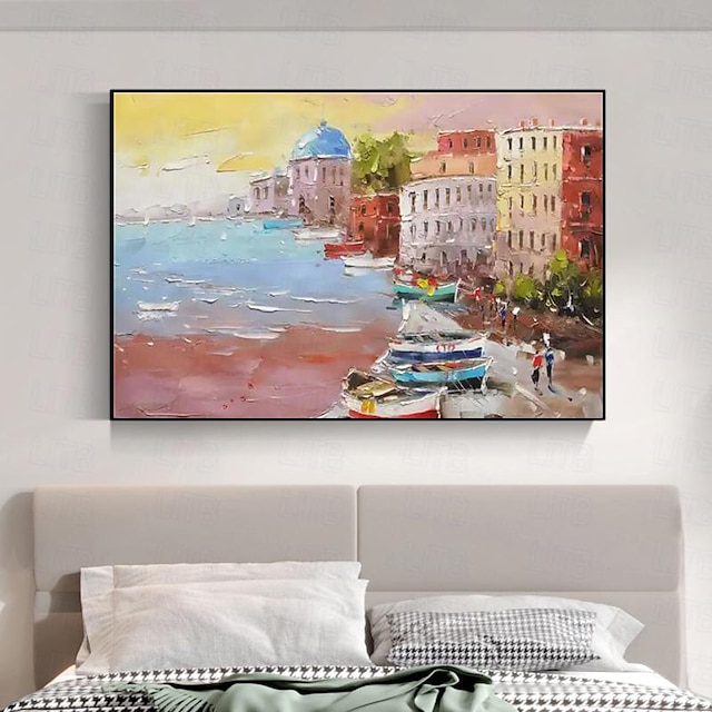  Pintura en lienzo original, paisaje pintado a mano, pintura al óleo romántica de la ciudad de Venecia, arte de la pared del dormitorio sobre la cama, paisaje urbano para el hogar sin marco