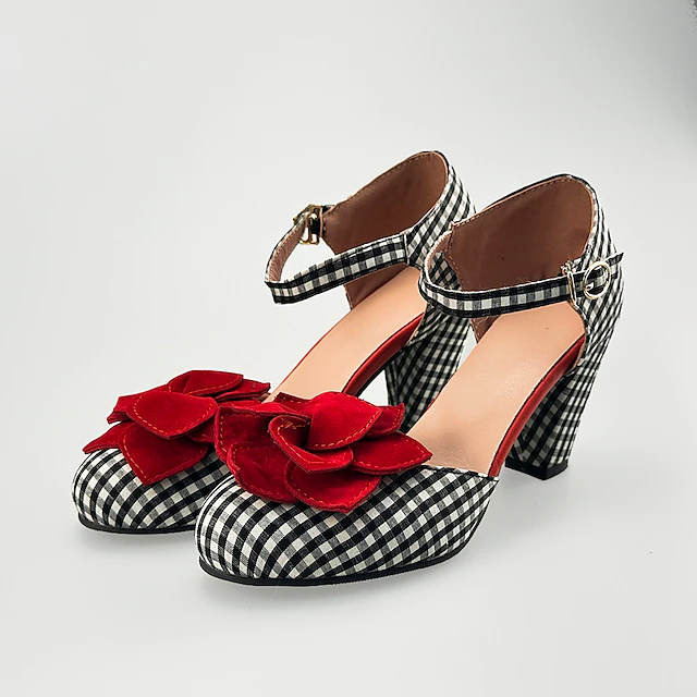 Women's Vintage Gingham Checkered Mary Jane Heels with Red Flower Embellishments – Retro Style Party Shoes 13