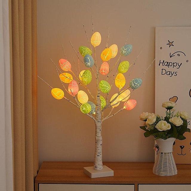  Luces de decoración de huevos de Pascua, 24 luces LED artificiales para árbol bonsái, alimentadas por batería, fiesta en casa de Pascua, sala de estar, dormitorio, mesita de noche, decoración