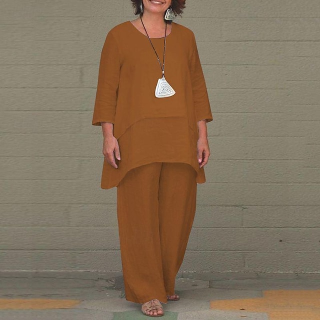  Ensembles en coton et lin pour femmes, ensembles deux pièces, couleur unie, mode, col rond, rue, quotidien, 2 pièces, blanc, bleu, kaki, gris, printemps et automne