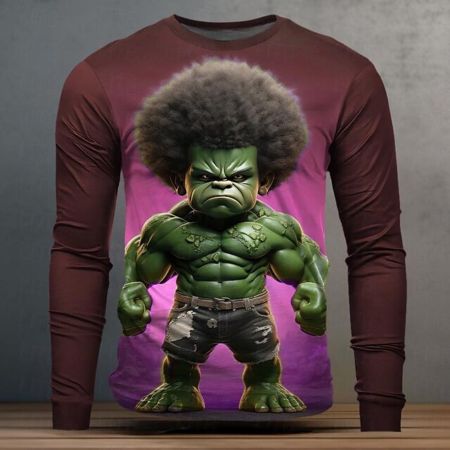  Voor heren Grafisch Tekenfilm Grappig T-shirt Lange mouw T-shirt 3D-afdrukken Strakke ronde hals Overhemd Modieus Casual Street Style Buitensporten Feestdagen Uitgaan Bordeaux Paars Groen Lente