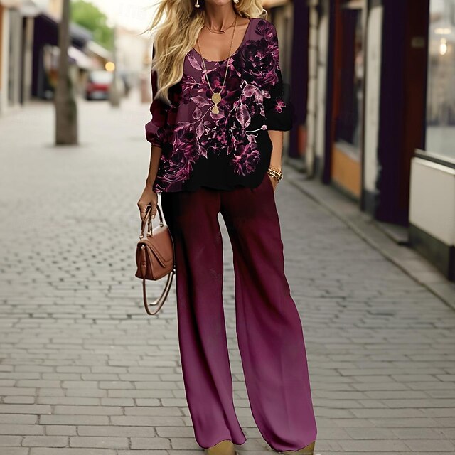 Women's 2 Pieces Sports Daily T Shirt Pants Sets Pants Trousers Long Sleeve V Neck Floral Print Outdoor Casual Purple Spring & Fall Regular Fit4