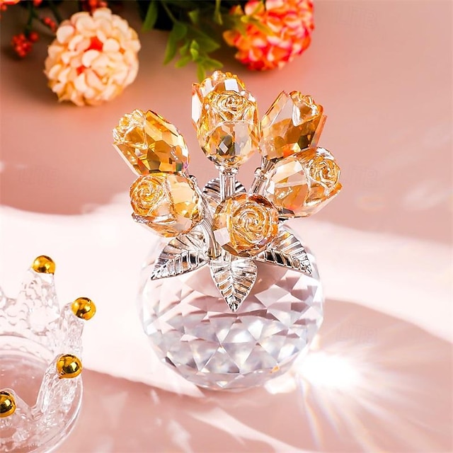  Handmade Crystal Champagne Rose Flower Figurine with Round Vase Romantic Rose Gifts for Women on Wedding Valentine's Chrismas Glass Rose Flowers for Girlfriend Wife Home Table Decorations