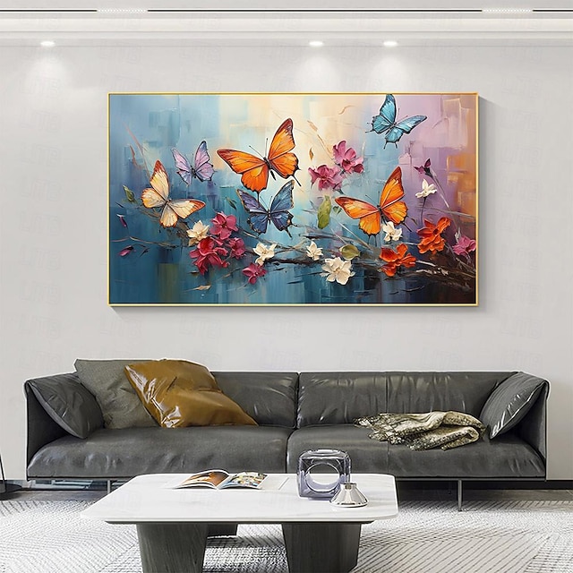  Großes handgemaltes abstraktes buntes Schmetterlings-Ölgemälde auf Leinwand, handgemaltes Blumengemälde, Tiergemälde, Textur, Tiergemälde, Wandkunstbild für Wohnzimmer, Heimdekoration