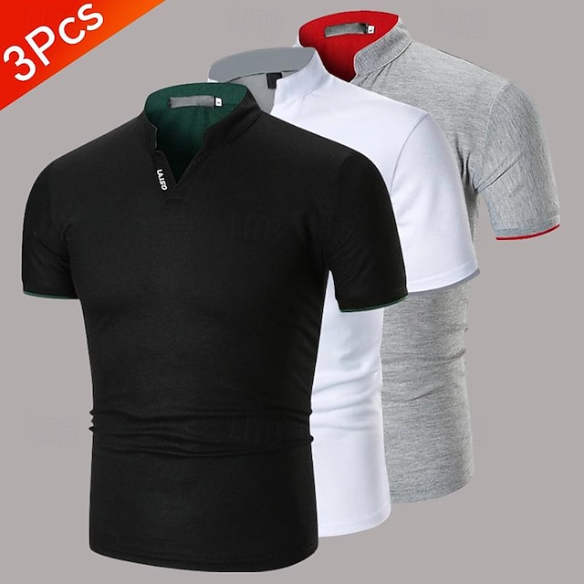  Multi Packs 3pcs Men's Stand Collar Short Sleeve White+Gray+Red Polo Golf Shirt Golf Polo Plain Daily Wear Vacation Polyester Summer