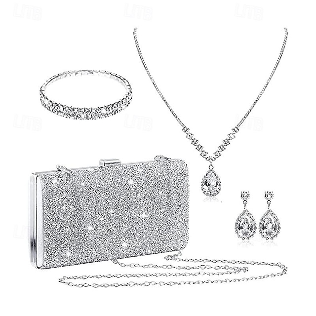  set de bijuterii mireasă diamant de apă picătură de apă val colier cercei brățară diamant cu fața cutie pătrată geantă set de patru