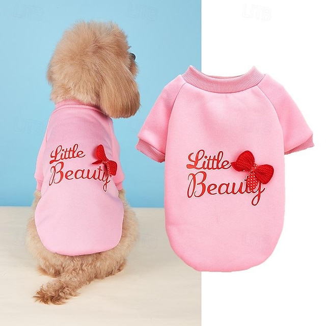  秋と冬の新しいペット服ピンク糸ニットリボン英語プリント犬と猫二本足セーター