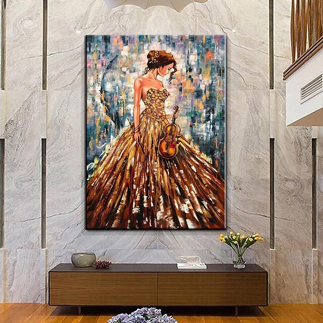  Hand painted Gorgeous Girl with Violin Oil Painting Abstract Woman painting  Wall Art Luxury Gift for Her Blue Gold girl Painting Music oil painting for Wall Decor Modern Art decoration