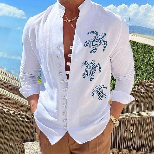  Turtle Men's Hawaiian Casual Graphic Shirt Daily Wear Going out Weekend Spring Standing Collar Long Sleeve Black, White, Pink S, M, L Washable Cotton Fabric Shirt