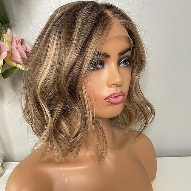  14 Inch Ombre Body Wave Bob Lace Front Wig Human Hair 13X4 Highlight Lace Front Short Body Wave Wig Human Hair 4/27 Ombre Brown Colored Human Hair Wigs 200 Density Wigs Human Hair with Baby Hair