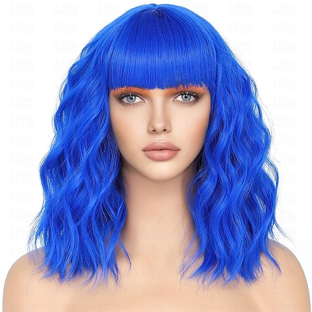  Bob Wig With Bangs Short Wavy Blue Wig Women Synthetic Colored Bachelorette Wigs Shoulder Length Party Halloween Christmas Fun Cosplay Wigs