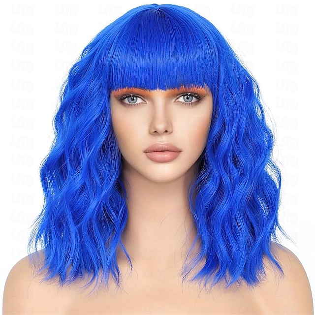  Peluca bob con flequillo, peluca azul ondulada corta, pelucas de despedida de soltera de colores sintéticos para mujer, pelucas de cosplay divertidas para fiesta de halloween y Navidad hasta la