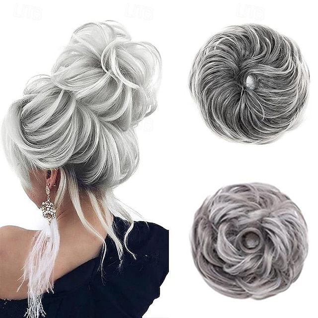  3pcs Chignons Messy Bun Large Scrunchies Wavy Curly Synthetic Silver Grey Ponytail Hair Extensions Thick Updo Hair Pieces Set for Women Girls Kids