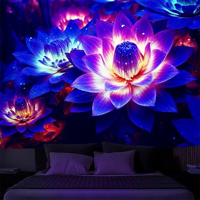  Tapiz de luz negra UV reactivo que brilla en la oscuridad flor de loto trippy brumoso naturaleza paisaje colgante tapiz pared arte mural para sala de estar dormitorio