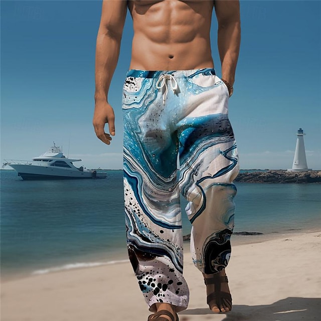  Marbling Men's Resort 3D Printed Casual Pants Trousers Elastic Waist Drawstring Loose Fit Straight-Leg Summer Beach Pants S TO 3XL