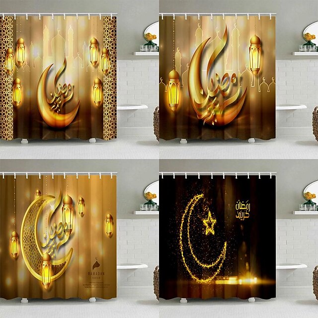  Cortina de chuveiro eid-ul-fit para decoração de banheiro com ganchos, conjunto de cortina de chuveiro de tecido à prova d'água com 12 pacotes de ganchos de plástico