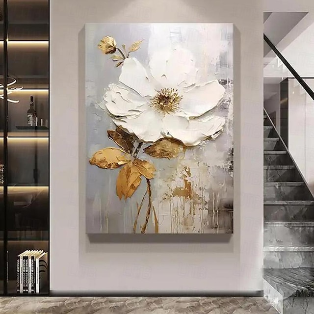  Handpainted Large Flower Texture Painting 3D Texture Painting Gold Floral Abstract Painting Original Gold Wall Art Flower Painting for Living Room Home Decor Stretched Frame Ready to Hang