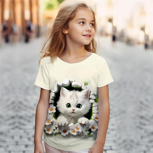 Meisjes 3D Kat T-shirts Korte mouw 3D-print Zomer Actief Modieus Schattig Polyester Kinderen 3-12 jaar Ronde hals Buiten Casual Dagelijks Normale pasvorm