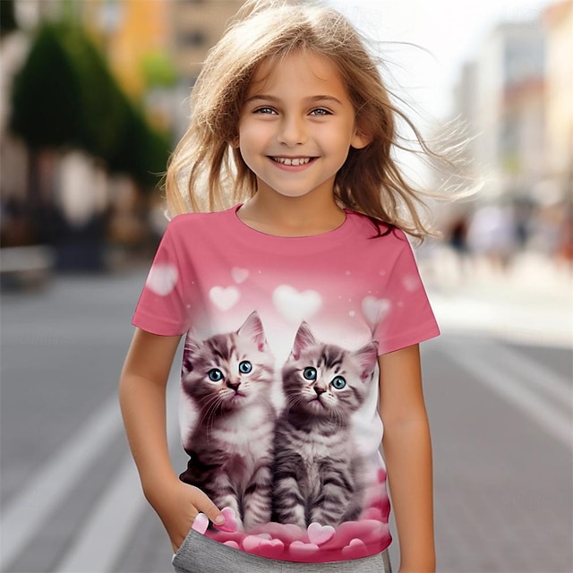  Voor meisjes 3D Kat T-shirt Overhemden Roze Korte mouw 3D-afdrukken Zomer Actief Modieus leuke Style Polyester Kinderen 3-12 jaar Strakke ronde hals Buiten Casual Dagelijks Normale pasvorm