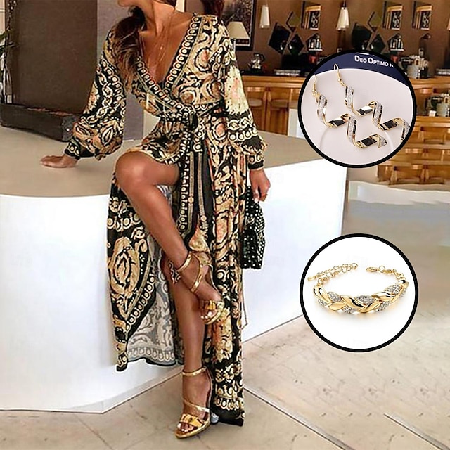  Dam Matchande set Festklänning Vardagsklänning Swingklänning Wrapklänning Boho-klänning Armband Örhänge Utrusta 3st bohemliv Ledigt Blommig Helgdag Långärmad Vår Höst Vinter V-hals Spetsknuten Delad