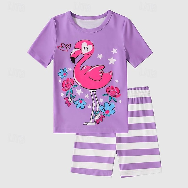  3D-Flamingo-T-Shirt für Mädchen & Shorts-Pyjama-Set, kurzärmelig, 3D-Druck, Sommer, aktiv, modisch, niedlich, Polyester, Kinder 3–12 Jahre, Rundhalsausschnitt, für Zuhause, lässig, für den