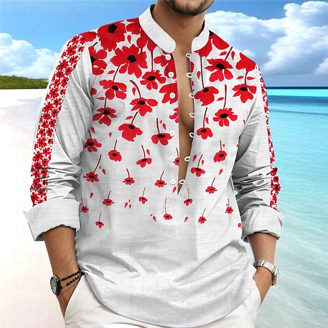  Floral Havaiana Recorrer Homens Camisa Henley Camisetas impressas Feriado Férias Para Noite Primavera Colarinho Clerical Manga Longa Vermelho, Azul, Azul Céu S, M, L Poliéster Camisa