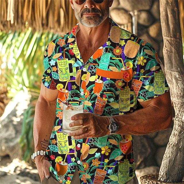  tiki drinks tropical men's resort hawaiian 3d-trykt skjorte knapp opp kortermet sommer strandskjorte ferie daglig slitasje s til 3xl