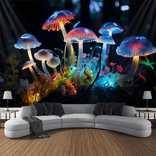 Blacklight Tapestry UV Reactive Glow in the Dark Glow Party Neon Crystal Mushrooms Psychedelic Trippy Misty Hanging Tapestry Wall Art Mural for Living 24