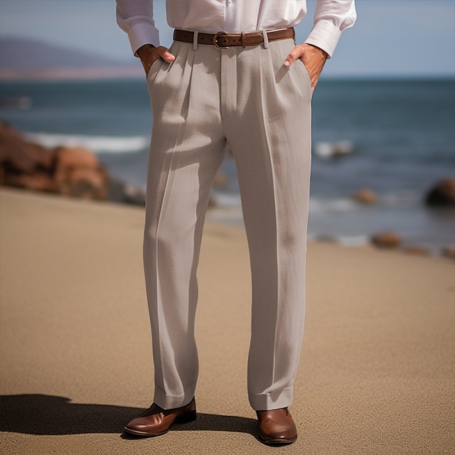  男性用 リネンパンツ ズボン サマーパンツ フロントポケット プリーツ まっすぐな足 平織り 履き心地よい 高通気性 カジュアル 日常 祝日 ファッション ベーシック ブラック ホワイト