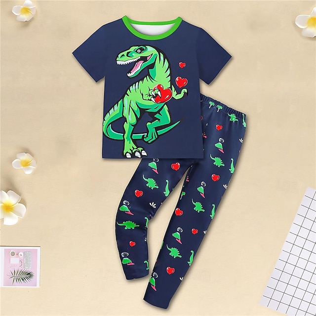  Boys 3D Dinosaur Tee & Pants Pajama Sets Short Sleeve 3D Print Summer Spring Fall Active Fashion Daily Polyester Kids 3-12 Years Crew Neck Home Causal Indoor Regular Fit