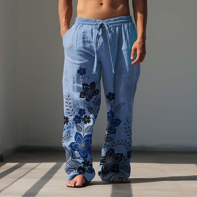 Floral Printed Men's Cotton Linen Pants Vintage Trousers Outdoor Daily ...