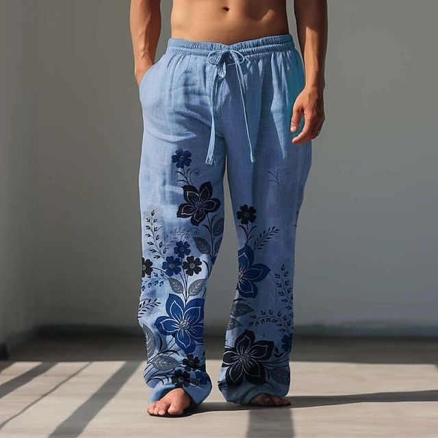Men's Floral Linen Pants Pants Trousers Baggy Pants Mid Waist Vintage Outdoor Daily Wear Streetwear Spring & Fall White Blue Green 9