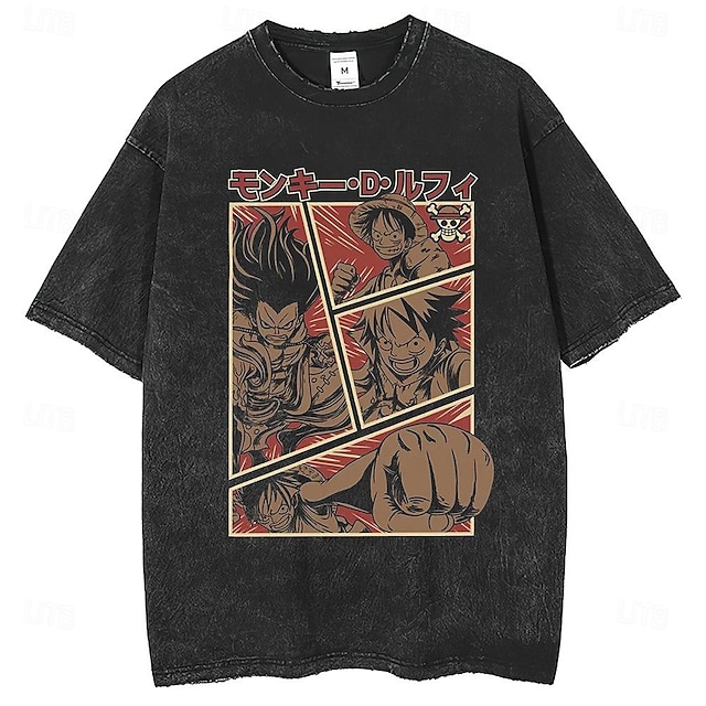  One Piece Affe D. Ruffy T-Shirt-Ärmel Übergroßes Acid Washed T-Shirt Bedruckt Grafik Für Paar Herren Damen Erwachsene Heißprägen Casual
