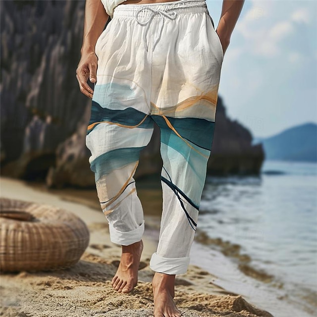  Color Block Men's Resort 3D Printed Casual Pants Trousers Elastic Waist Drawstring Loose Fit Straight-Leg Summer Beach Pants S TO 3XL