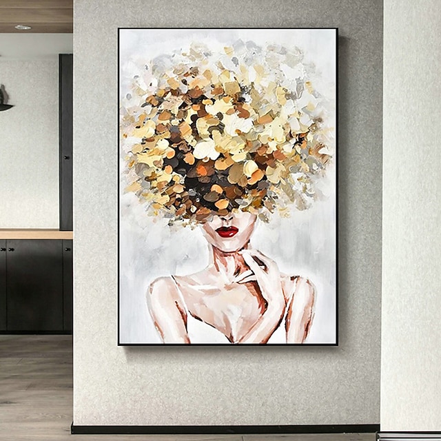  Peinture sur toile abstraite tête de femme avec fleurs, figure moderne, tableau d'art mural peint à la main pour décoration de salon, sans cadre