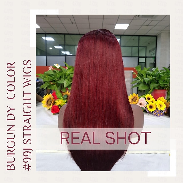  13x4 Burgundy Human Hair Wigs Straight Hair Lace Frontal Ear to Ear Front Wig Color 99J 150% Density Real Human Hair Free Part Hairline with Baby Hair Transparent Lace Wigs for Women
