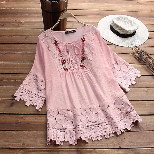 Women's Shirt Boho Shirt Lace Shirt Blouse Floral Fashion Round Neck Street Daily Lace up Lace White Pink Blue Purple Green Summer 14